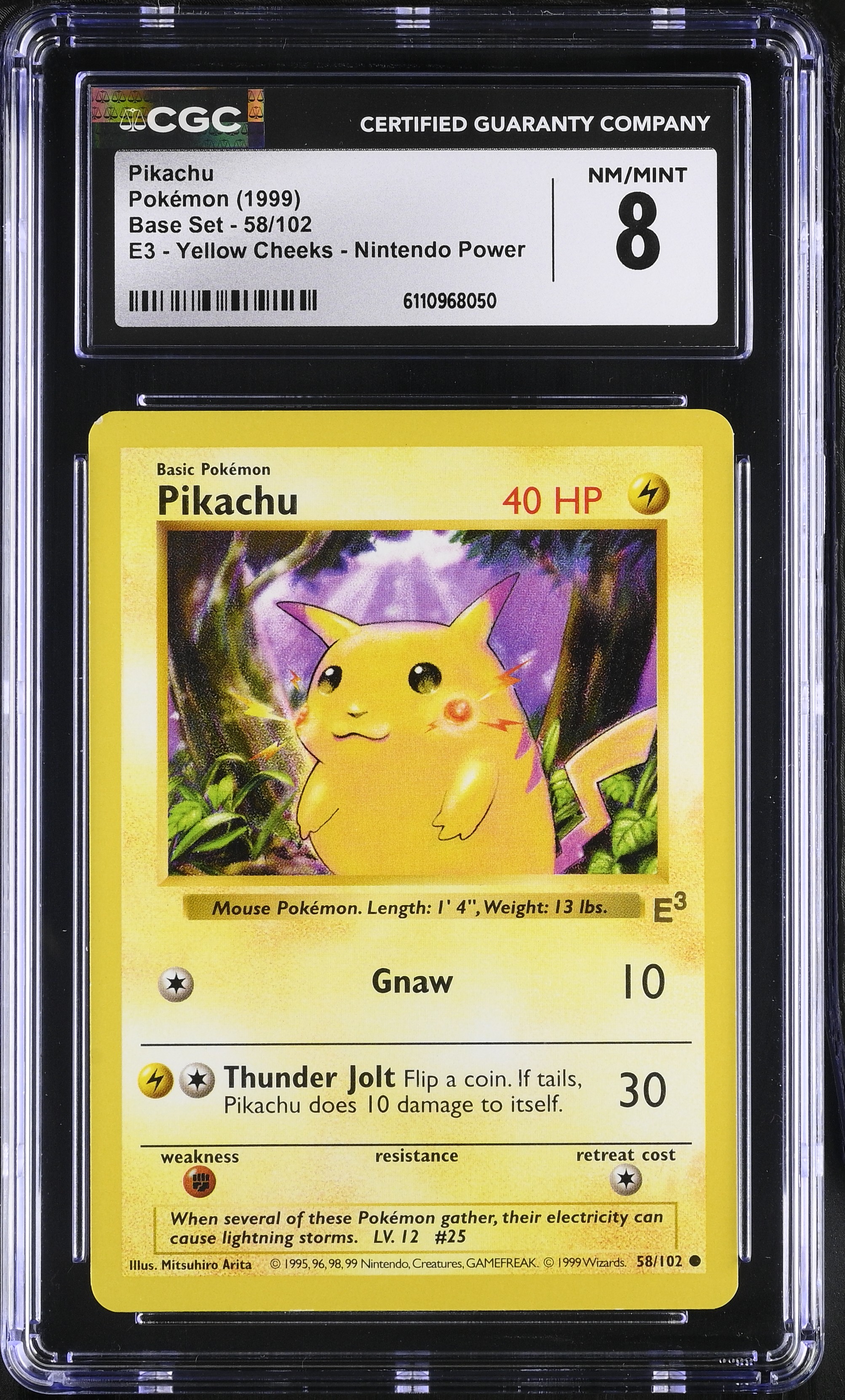 1999 #58 Base Set - Unlimited - English Pikachu Common E3 (Stamp) Yellow Cheeks - Nintendo Power CGC 8 Pokemon